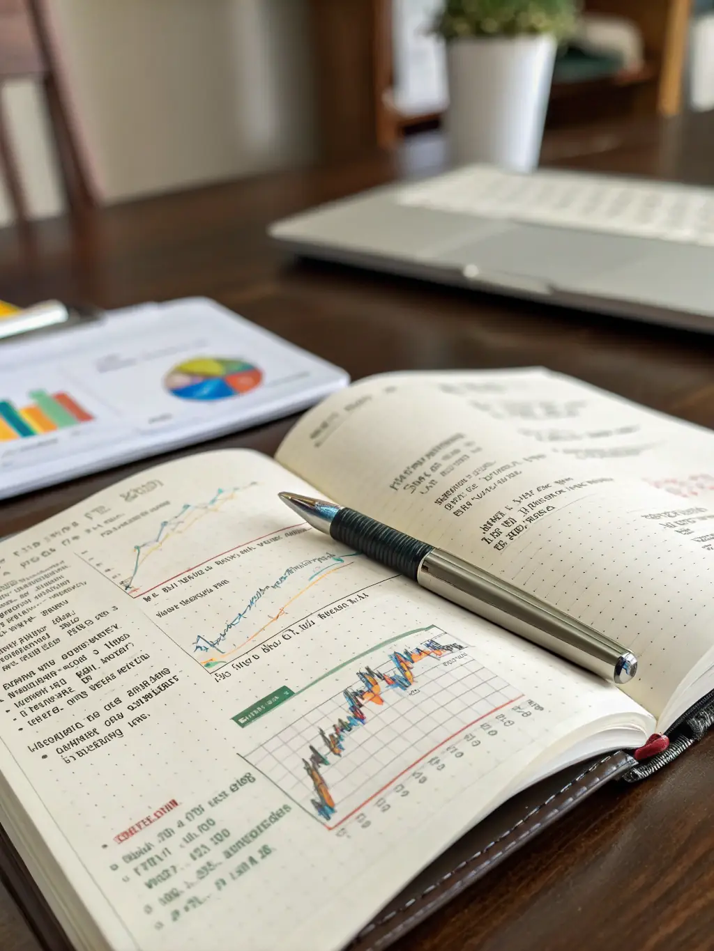 A focused image of a well-organized trading journal, open to a page with handwritten notes, charts, and key observations about recent trades, emphasizing the importance of record-keeping in trading.