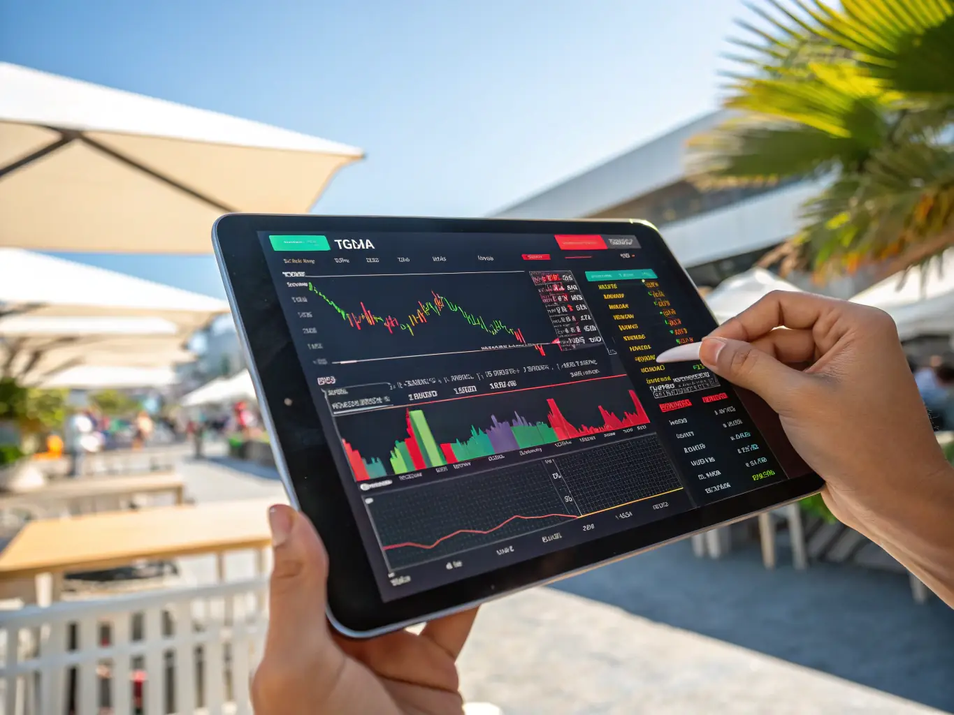 A close-up shot of a mobile trading app interface, showcasing various trading instruments and real-time market data.